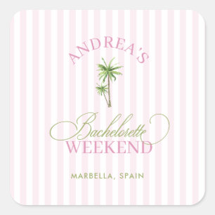 Retro Pink & Green Palm Tree Beach Bachelorette Square Sticker