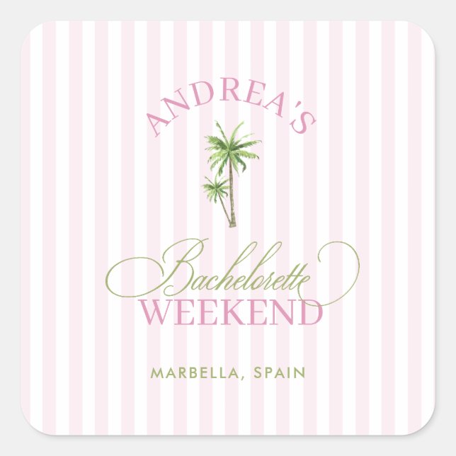 Retro Pink & Green Palm Tree Beach Bachelorette Square Sticker (Front)