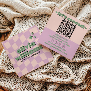 Retro Pink Green QR Code Groovy Checkered Girly Square Business Card