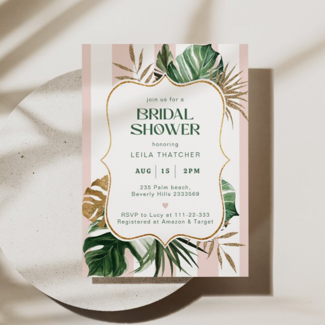 Retro pink green stripes palm beach bridal shower invitation (Creator Uploaded)