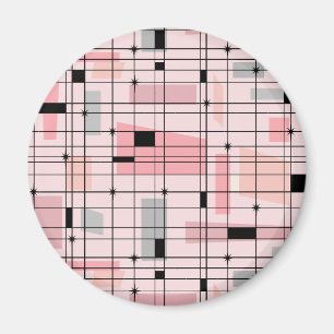 Retro Pink Grid and Starburst Round Magnet