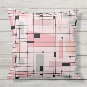 Retro Pink Grid and Starbursts Outdoor Pillow