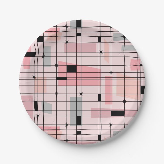 Retro Pink Grid and Starbursts Paper Plates (Front)