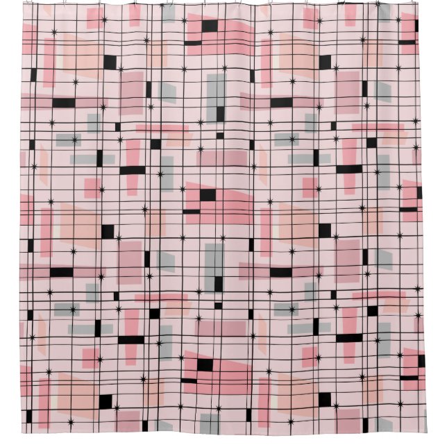 Retro Pink Grid and Starbursts Shower Curtain (Front)