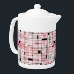 Retro Pink Grid and Starbursts Teapot<br><div class="desc">This Retro Pink Grid and Starbursts Teapot is where vintage style meets modern day. It features a light pink background with kitschy, off kilter squares and rectangles in dove grey and three shades of pink. The whimsical blocks of colour are overlayed and worked into some of the grid intersections. There...</div>