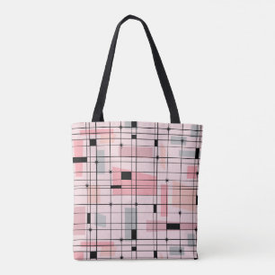 Retro Pink Grid and Starbursts Tote Bag