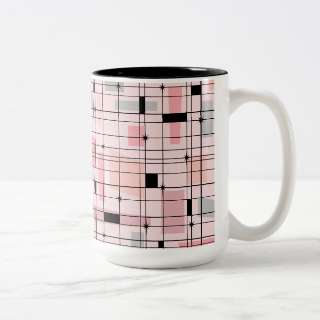 Retro Pink Grid and Starbursts Two Tone Coffee Mug (Right)