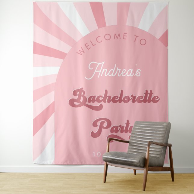 Retro Pink Groovy Bachelorette Party Backdrop Tapestry (In Situ)