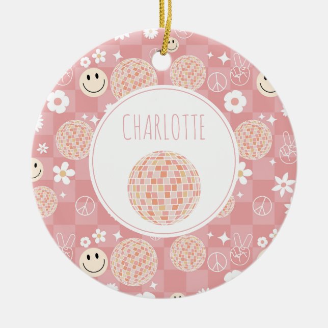 Retro Pink Groovy Chequered Hippie Kids Girl Ceramic Ornament (Front)