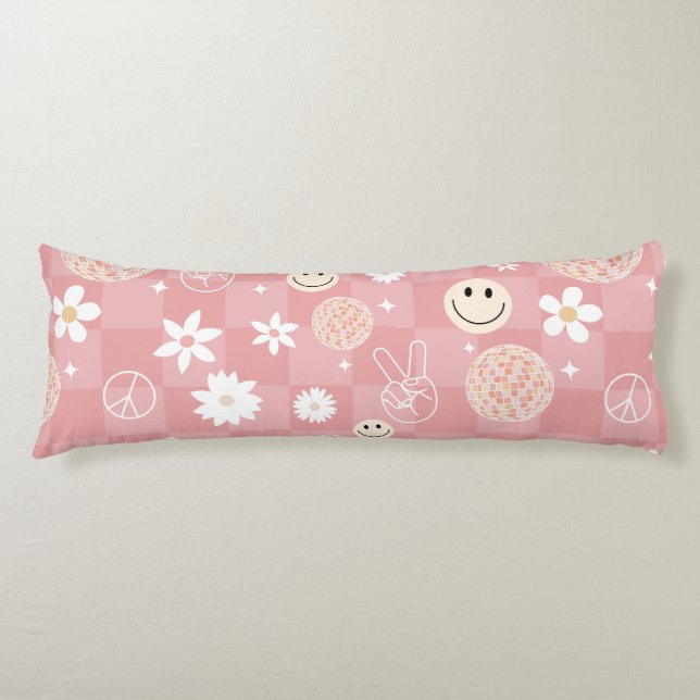 Retro Pink Groovy Chequered Hippie Pattern Body Pillow (Front)
