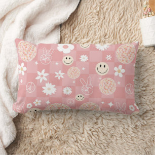 Retro Pink Groovy Chequered Hippie Pattern Lumbar Pillow