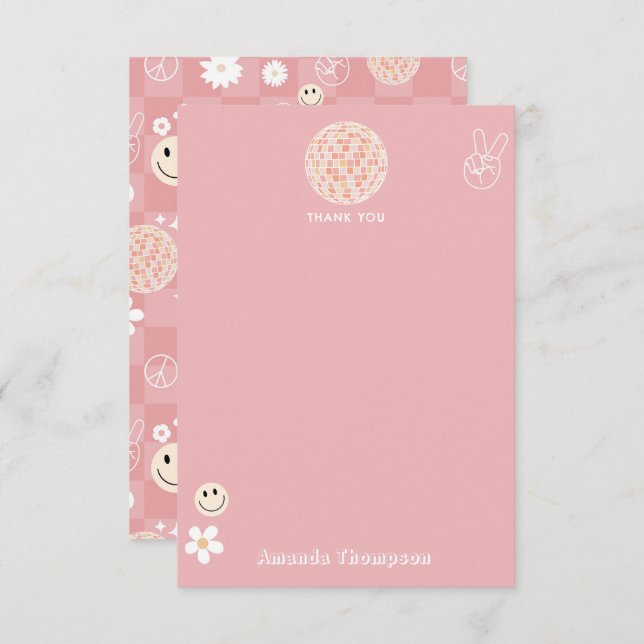 Retro Pink Groovy Chequered Hippie Pattern Thank You Card (Front/Back)