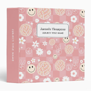Retro Pink Groovy Chequered Hippie School Binder