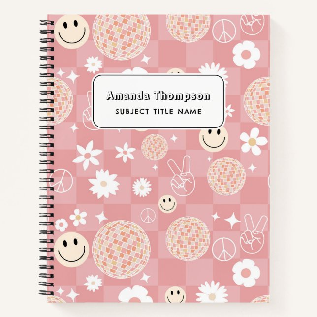 Retro Pink Groovy Chequered Hippie School Notebook (Front)
