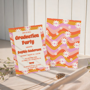 Retro Pink Groovy Daisy Floral Graduation Party  Invitation