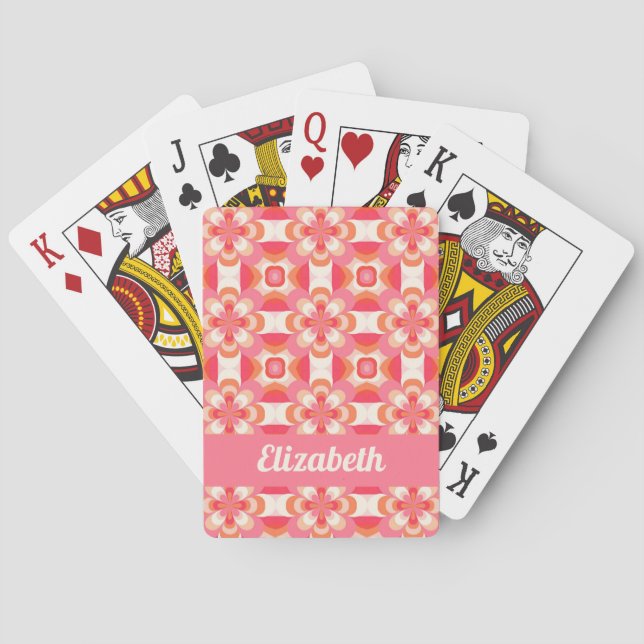 Retro Pink Groovy Floral Pattern Playing Cards (Back)