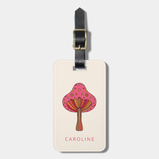 Retro Pink Groovy Mushroom Personalized Name Luggage Tag (Front Vertical)