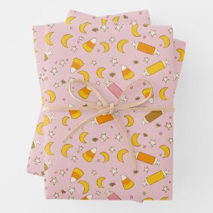 Retro Pink Halloween Candy Trick or Treat Party Wrapping Paper Sheet