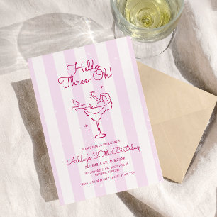 Retro Pink Hand Drawn Cocktail Glass 30th Birthday Invitation