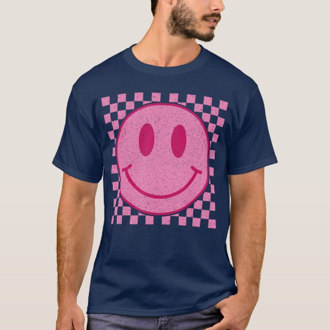 Retro Pink Happy Face Checkered Pattern Smile Face T-Shirt (Front)