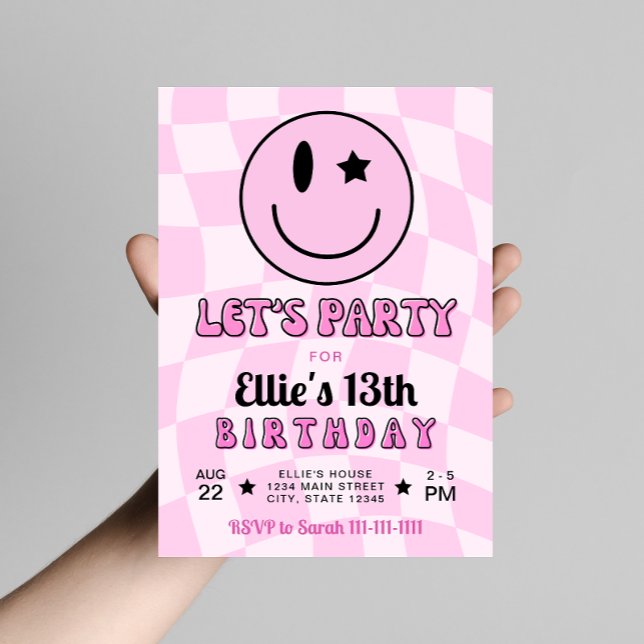Retro Pink Happy Face Smile Birthday Invitation (Creator Uploaded)