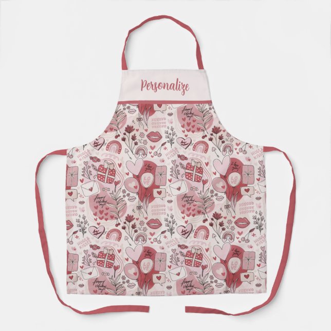 Retro Pink Heart Lips Valentine's Day Love Kisses Apron (Front)
