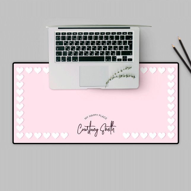 Retro Pink Heart Pattern Cute Trendy Script Name Desk Mat (Elegant blush pink with heart border personalized girly desk mat)
