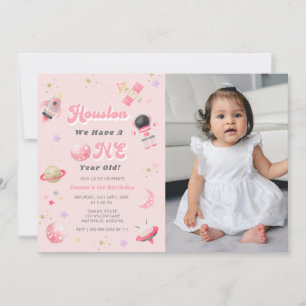Retro Pink Houston We have One Year Old Birthday Invitation