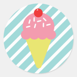 Retro Pink Ice Cream Cone with Blue Stripes Classic Round Sticker