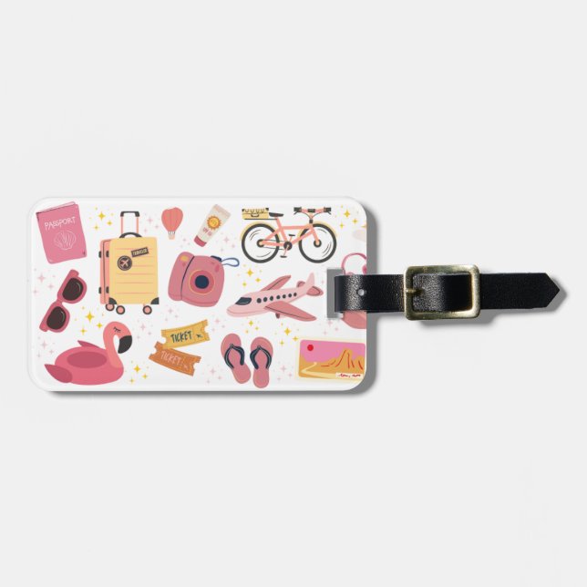 Retro Pink Illustrated Customizable Luggage Tag (Front Horizontal)