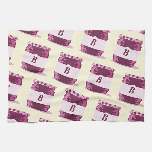 Retro Pink Jelly Jar Canning Pattern with Monogram Kitchen Towel (Horizontal)