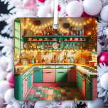 Retro Pink Kitsch Retro Christmas Personalized Metal Ornament<br><div class="desc">Personalized Christmas ornament. Cute teal cozy cottage vintage Kitsch pink and teal kitchen full of holiday decorations and Christmas lights and a colourful chandelier with retro vibes. Wishing you a cozy old-fashioned Christmas and a Happy New Year. Back text of this holiday ornament can be personalized, so you can add...</div>