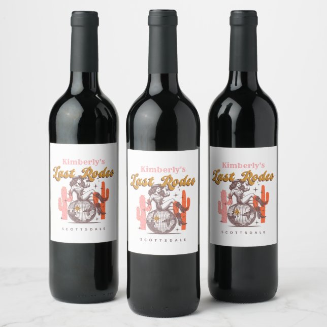 Retro Pink Last Rodeo Cowgirl Bachelorette Party Wine Label (Bottles)