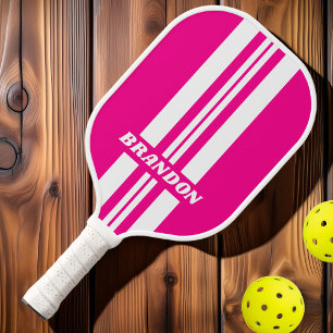 Retro Pink Lollipop Dual Rally Stripes with Name Pickleball Paddle