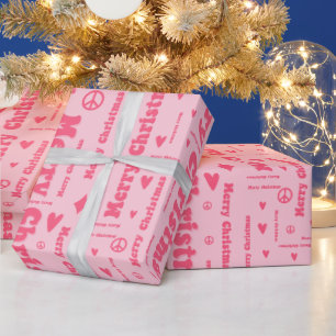 Retro Pink Merry Christmas Peace and Love Pattern Wrapping Paper