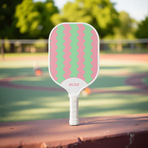 Retro Pink & Mint Green 70s/90s Stripes & Squiggle Pickleball Paddle