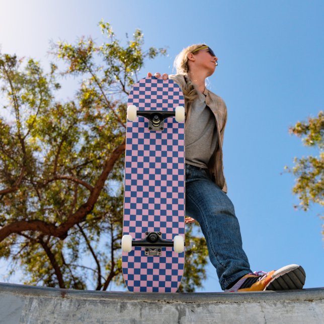 Retro Pink Navy Blue Checkered Bright Colorful Skateboard (Outdoor 1)