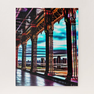 Retro Pink Neon Colours Sketched Fun Wild Cityscap Jigsaw Puzzle