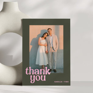 Retro Pink Olive Photo Bold Groovy Modern Wedding Thank You Card