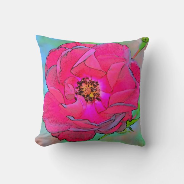Retro Pink Open Rose Throw Pillow-Hot Pink Back Pillow (Front)
