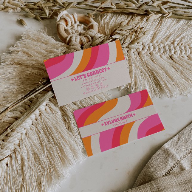 Retro Pink Orange 70s Boho Groovy Girly Trendy Business Card (Creator Uploaded)