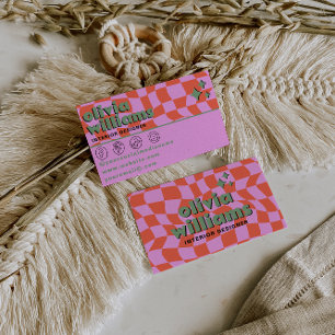 Retro Pink Orange Boho Groovy Checkered Unique Business Card
