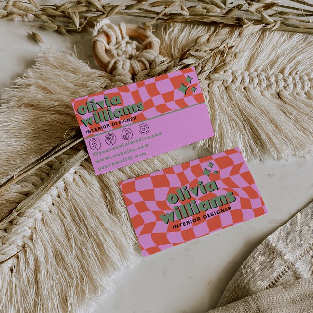 Retro Pink Orange Boho Groovy Checkered Unique Business Card (Creator Uploaded)