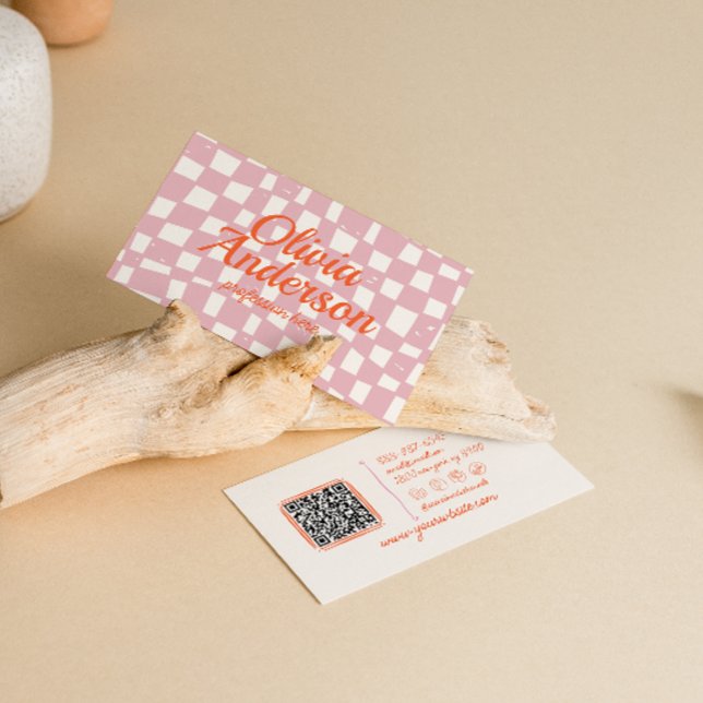 Retro Pink Orange Chequered Groovy Girly QR Code   Business Card (Creator Uploaded)