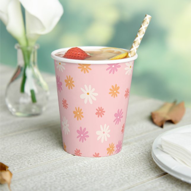 Retro Pink & Orange Daisy Pattern Party Throw Pill Paper Cups (Insitu)