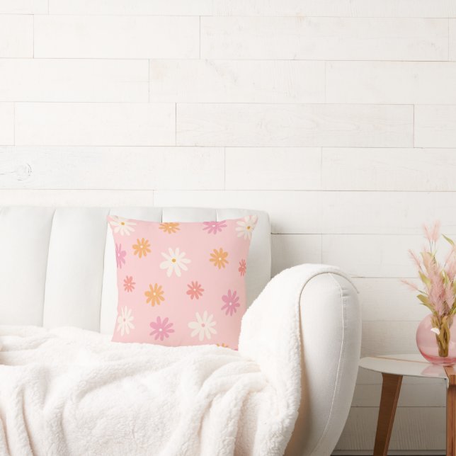 Retro Pink & Orange Daisy Pattern Party Throw Pillow (Couch)