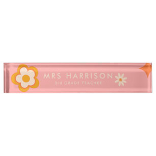Retro pink orange Daisy teacher desk name plate
