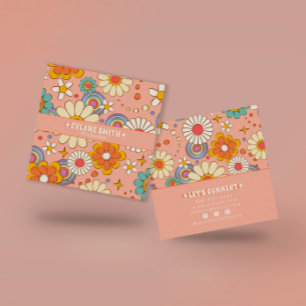 Retro Pink Orange Groovy Floral Boho Girly Trendy Square Business Card
