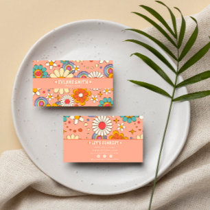 Retro Pink Orange Groovy Floral Boho Modern Trendy Business Card
