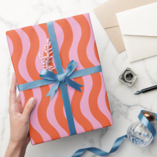 retro Pink Orange Groovy Wavy Stripe  Wrapping Paper